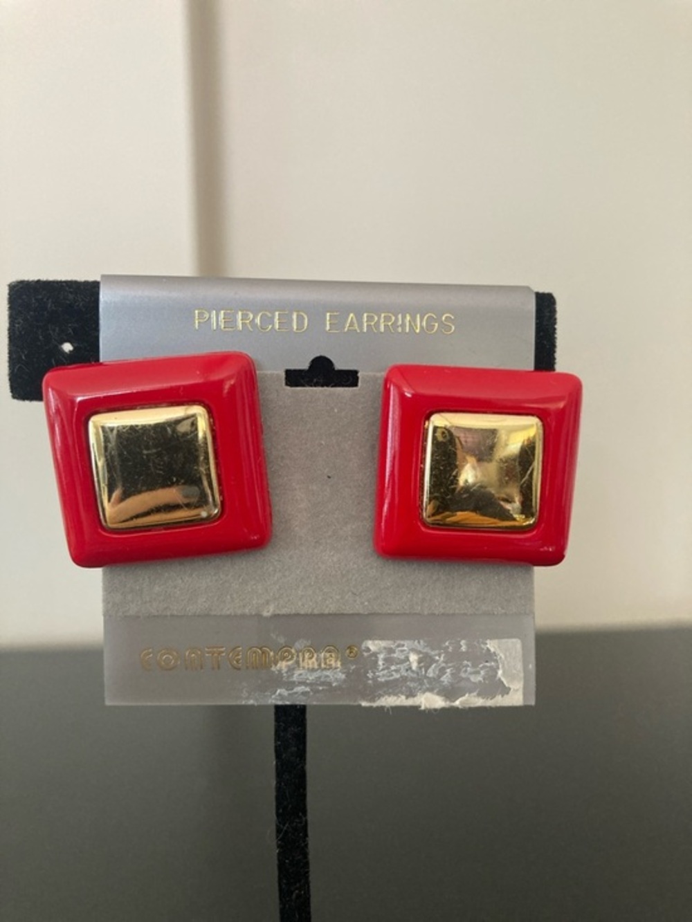 Red Square Earrings with Gold Center Detail